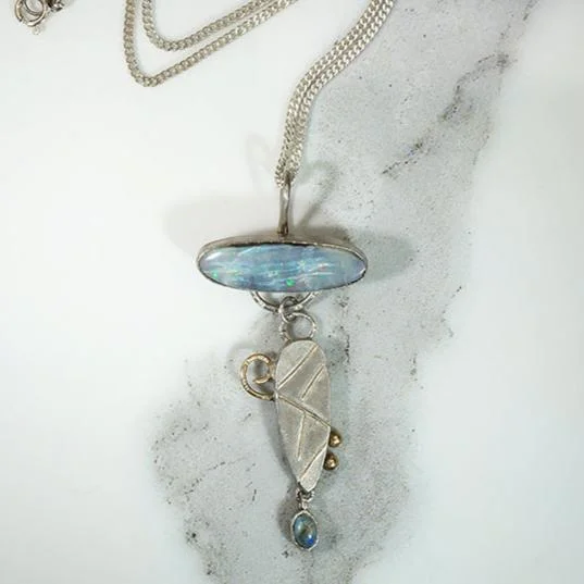 Ladies luxe platinum necklaces -Sterling & Opal Necklace with Gold Accents Signed Bluejacket