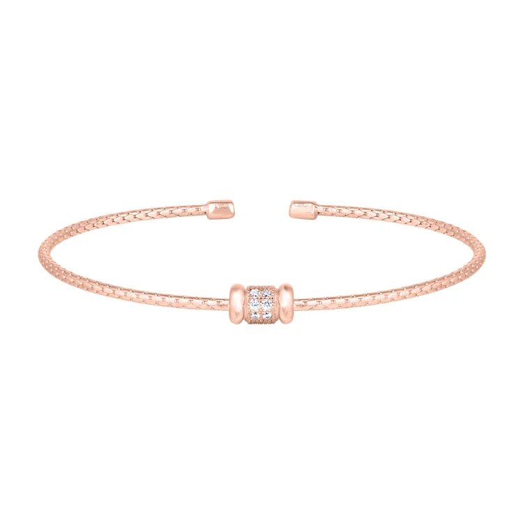 Halo burst bracelets -Rose Gold Finish Sterling Silver Corean Cable Cuff Bracelet with a Barrell with Simulated Diamonds