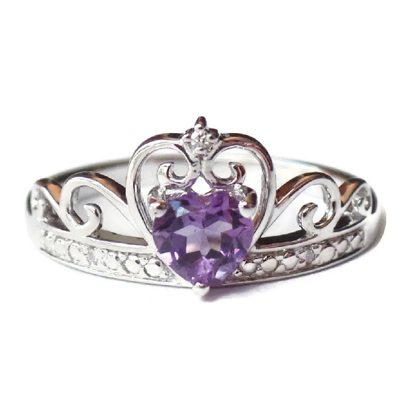 Ladies Rings for Office Shine-Sterling Silver Diamond And Heart Shaped Amethyst Crown Ring