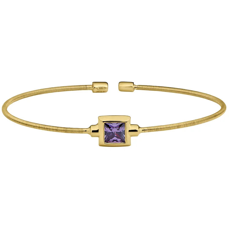 Compass path bracelets -Gold Finish Sterling Silver Cable Cuff Bracelet with Princess Cut Simulated Light Amethyst Birth Gem