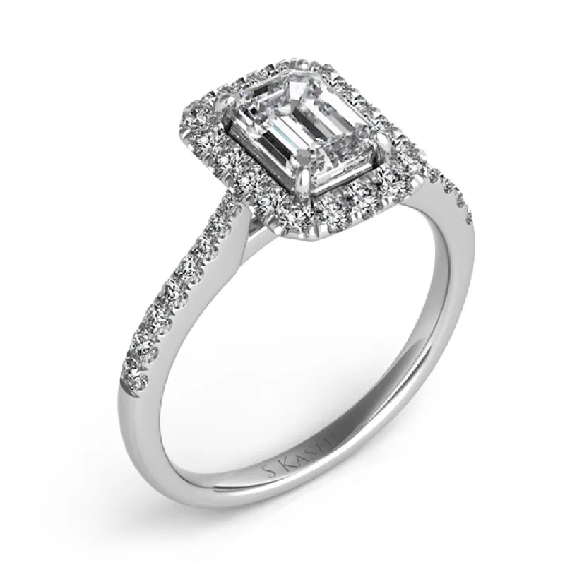 Ladies Engagement Rings Heart Shine-14k White Gold Diamond Engagement Ring for Emerald Cut Center Diamond