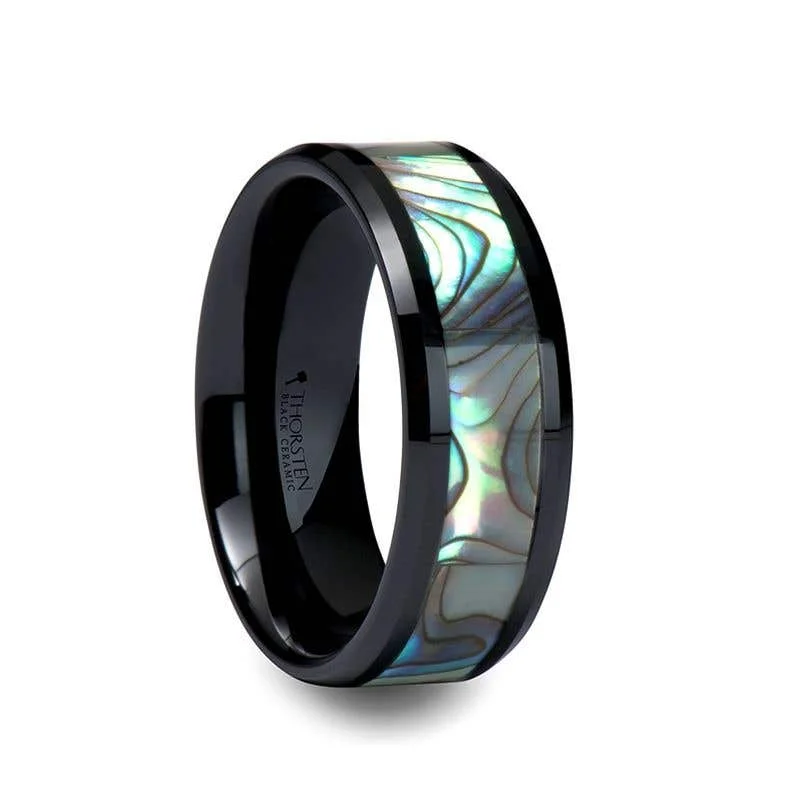 Ladies Rings with Compass Glow-Thorsten OAHU Beveled Black Ceramic Ring with Shell Inlay - 8mm