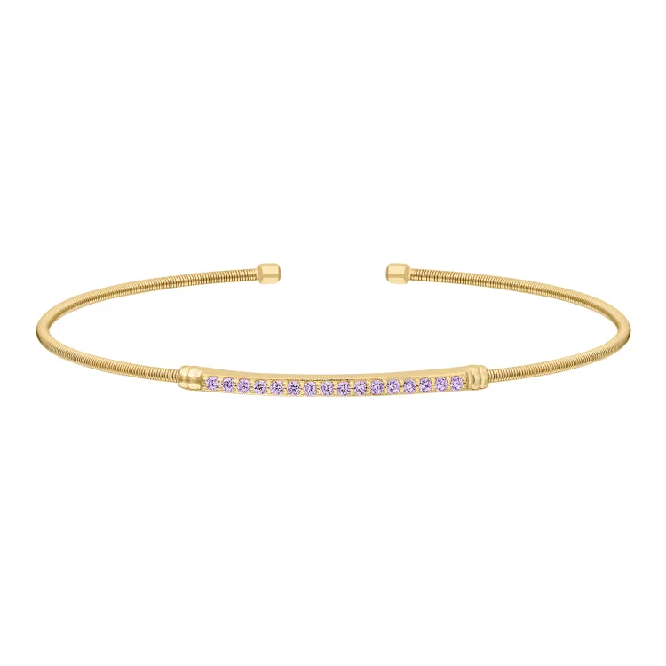 Confident shine bracelets -Gold Finish Sterling Silver Cable Cuff Bracelet with Simulated Light Amethyst Birth Gems - June