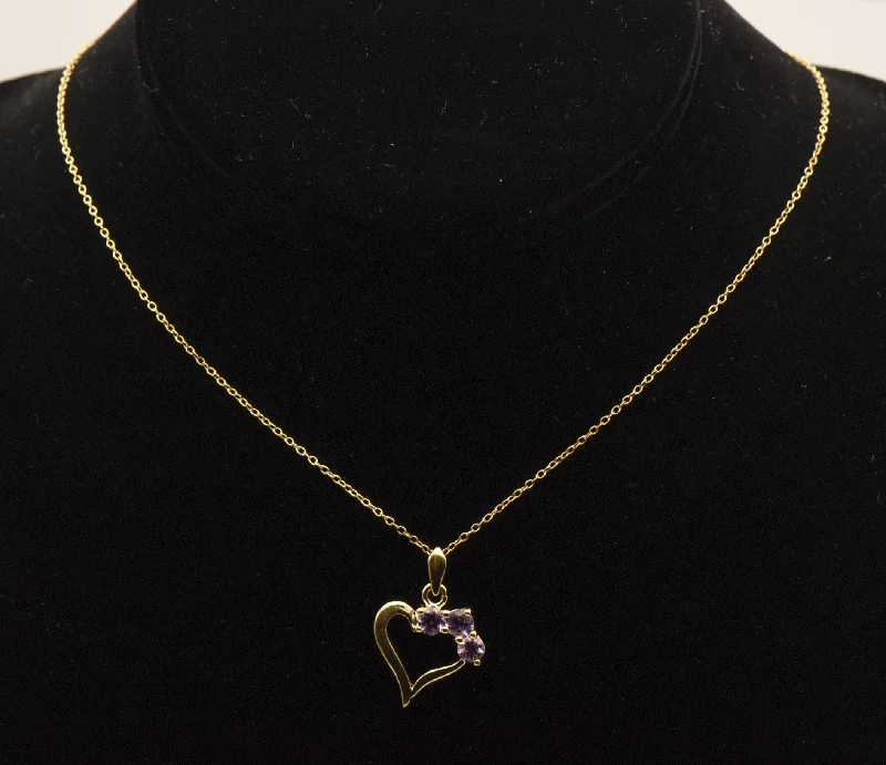 Ladies barely-there necklaces -Vintage Amethyst Vermeil Heart Pendant on Vermeil Chain Necklace - 18"