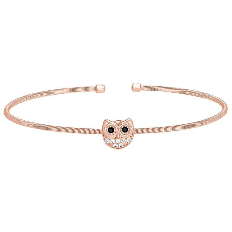 Playful flair bracelets -Rose Gold Finish Sterling Silver Cable Cuff Owl Bracelet with Simulated Diamonds