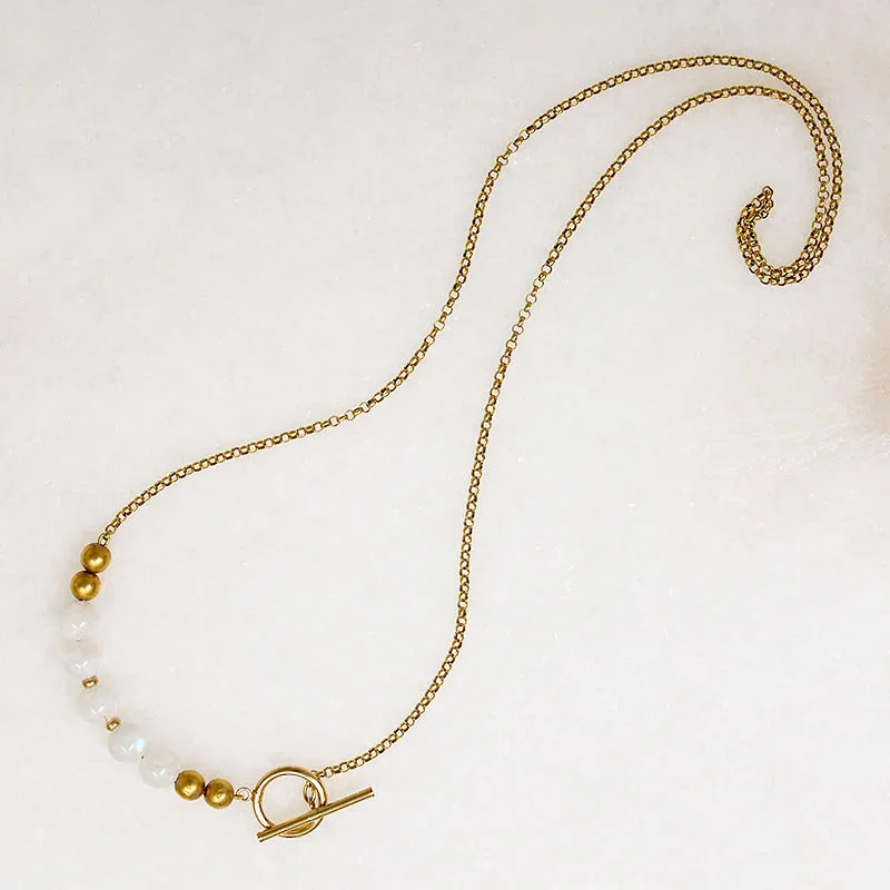 Ladies polished ceramic necklaces -Glossy Moonstone & Gold Bead Necklace by Ancient Influences