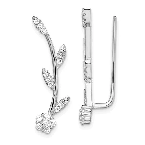 Ladies Earrings with Cloud Spark-Sterling Silver CZ Flower and Stem Climber Earrings