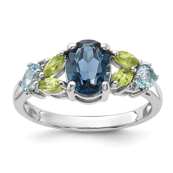 Ladies Rings Soft Shine-Sterling Silver London Blue, Swiss Blue, White Topaz and Peridot Ring