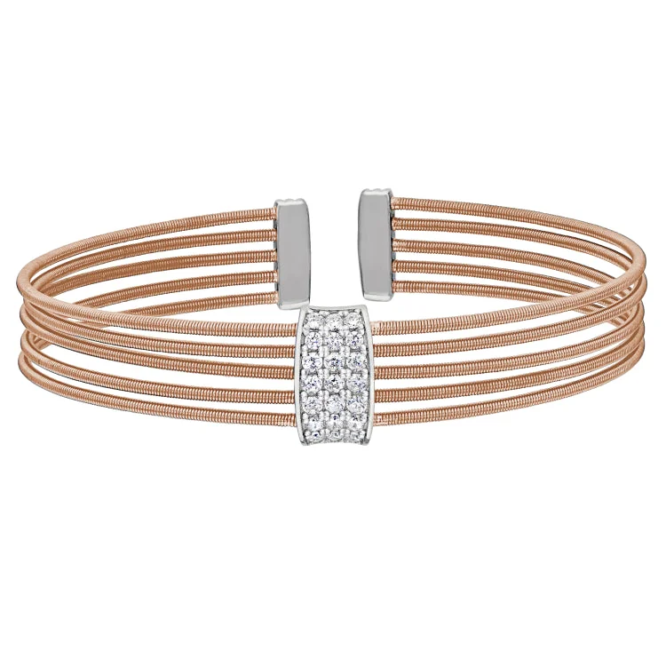 Daily ease bracelets -Rose Gold Finish Sterling Silver Multi Cable Cuff Bracelet with Rhodium Finish Simulated Diamond Three Rows