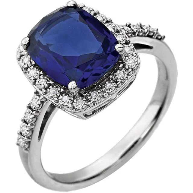 Ladies Rings with Red Spinel-14k White Gold 10x8 Antique Cushion Created Blue Sapphire & Diamond Halo Ring