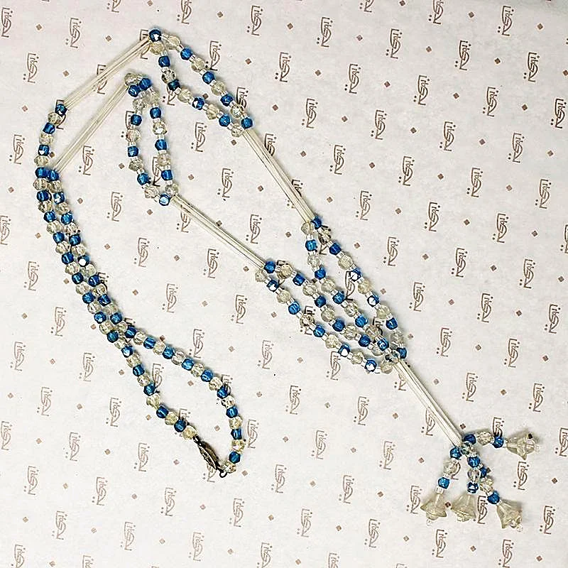 Ladies sunbeam glow necklaces -Flapper Blue & White Bead Sautoir Necklace