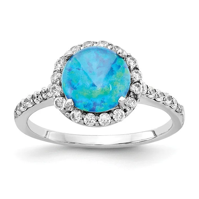 Ladies Rings with Blue Apatite-Cheryl M Sterling Silver Round Lab Created Blue Opal and CZ Halo Ring