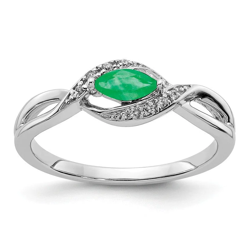 Ladies Rings with Cosmic Stone-14k White Gold Diamond & Genuine Marquise Emerald Ring