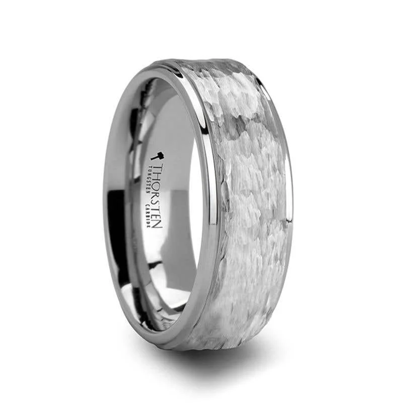 Ladies Rings for Activist Glow-Thorsten WILSON White Tungsten Ring with Raised Hammered Finish and Polished Step Edges - 4mm - 10mm