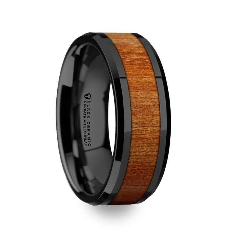 Ladies Rings Handcrafted Shine-Thorsten THRACIAN Carpathian Wood Inlaid Black Ceramic Ring w/ Bevels