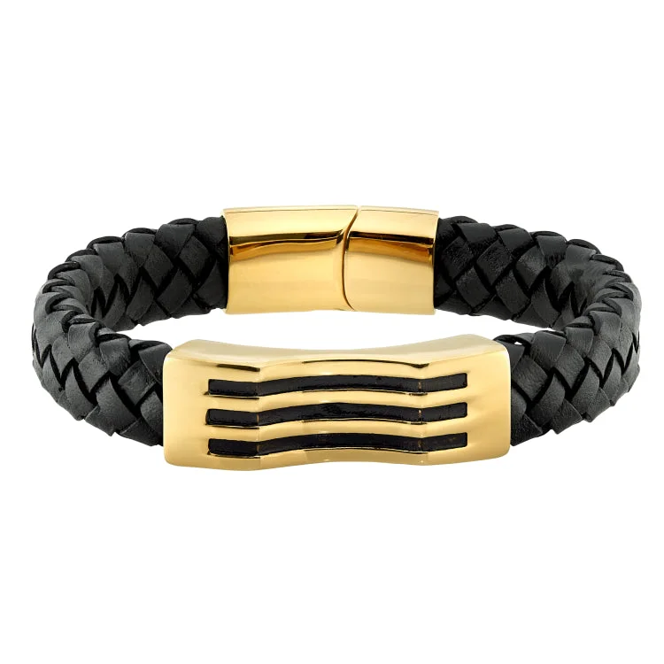 Subtle grace bracelets -Black Braided Leather Stainless Steel With Gold Bar and Black Lines Bracelet