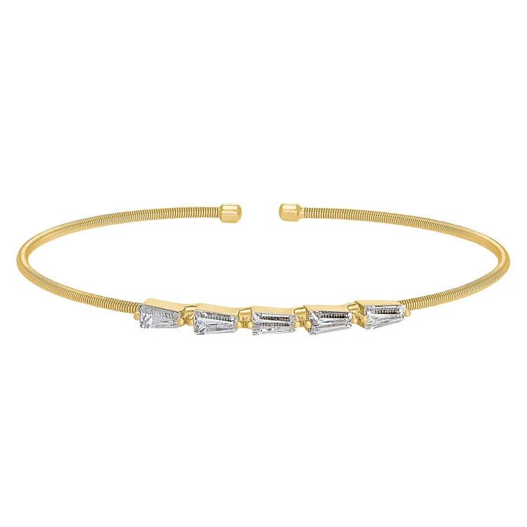 Robust chunky bracelets -Gold Finish Sterling Silver Cable Cuff 5 Tapered Baguettes Bracelet with Simulated Diamonds