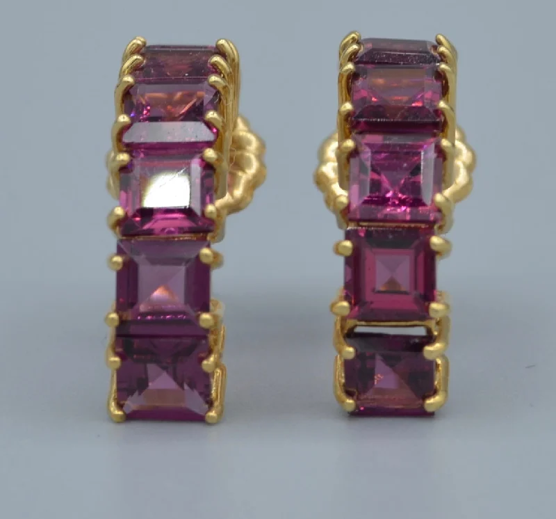 Ladies Earrings with Peach Carnelian-14K yellow gold hoop earring with square Rhodolite garnets