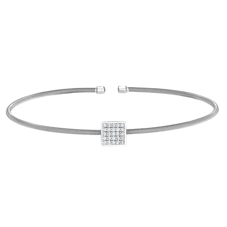 Quiet poise bracelets -Rhodium Finish Sterling Silver Cable Cuff Square Bracelet with Simulated Diamonds