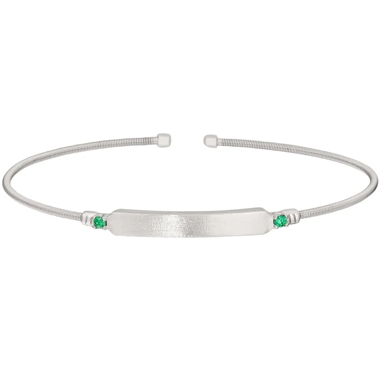 Orbit charm bracelets -Rhodium Finish Sterling Silver Cable Cuff Bracelet with Name Plate and Simulated Emerald Birth Gems - May