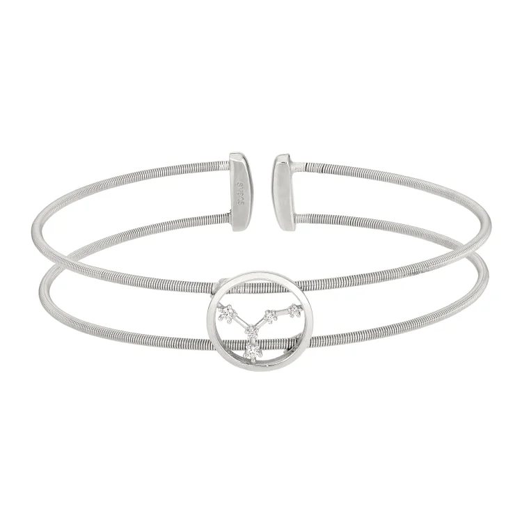 Thick statement bracelets -Rhodium Finish Sterling Silver Cable Cuff Constellation Bracelet with Simulated Diamonds - Cancer