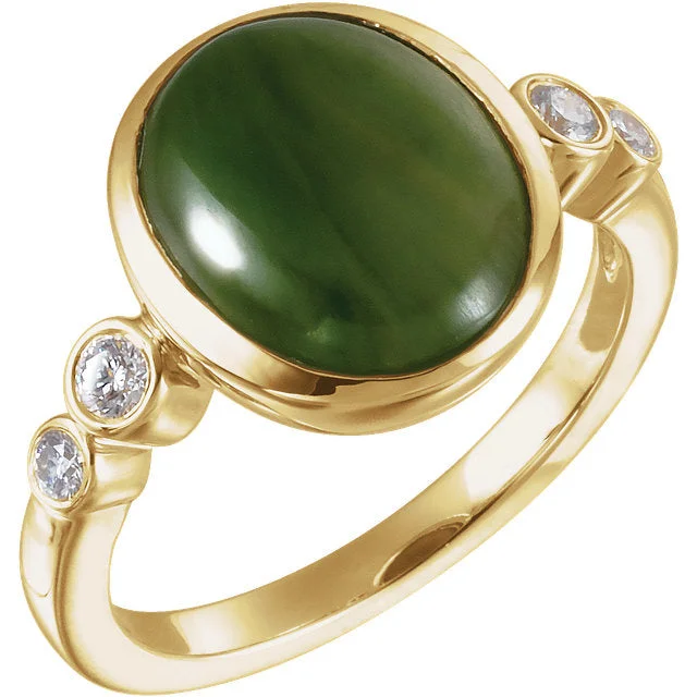 Ladies Rings for Writer Spark-14k Yellow Gold Nephrite Jade & Diamond Accented Ring