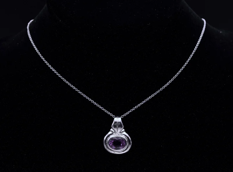 Ladies compass path necklaces -Vintage Sterling Silver Amethyst Pendant Sterling Silver Chain Necklace - 20"