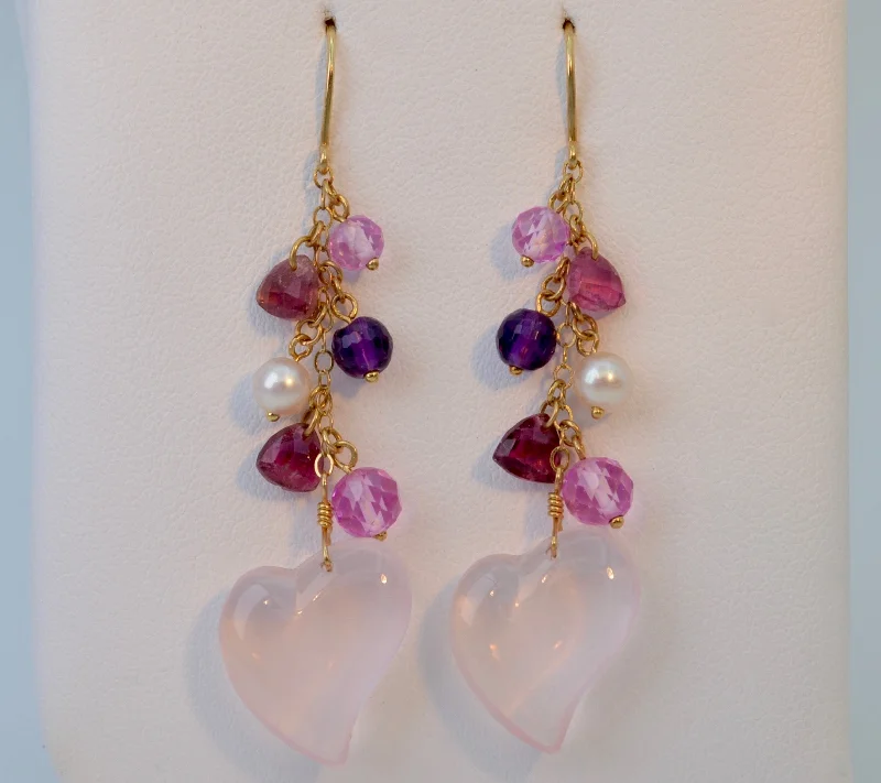 Ladies Earrings with Teardrop Glow-Rose-Quartz/Pearl Heart Dangle Earrings