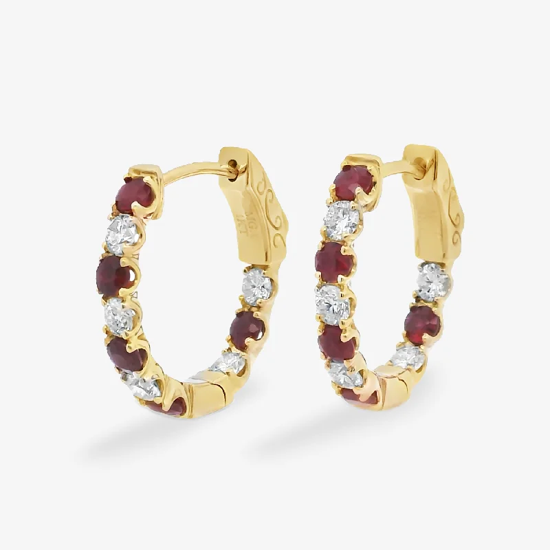 Ladies Earrings with Cream Howlite-Inside & Out 0.95CT Ruby & Diamond Hoop Earrings