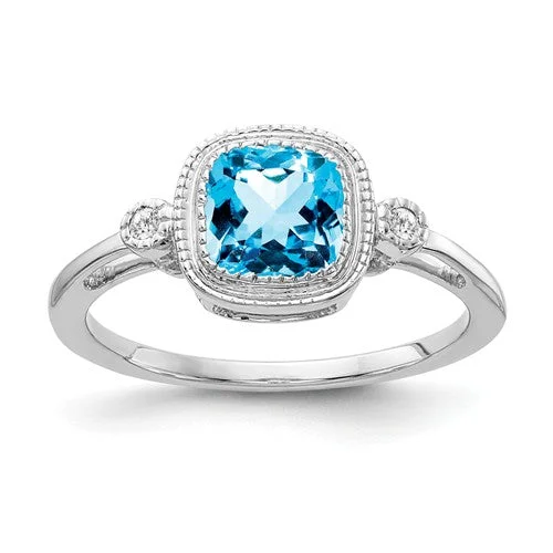 Ladies Rings for Night Spark-14k White or Yellow Gold Bezel Set Swiss Blue Topaz Cushion and Diamond Ring