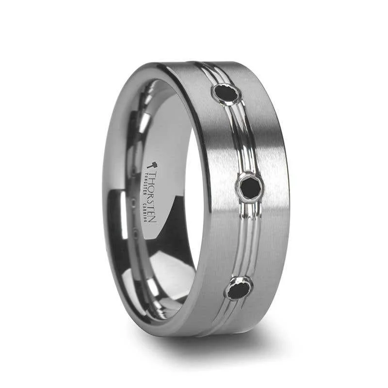 Ladies Rings for Teacher Shine-Thorsten ROYALE 3 Black Diamond Satin Finished Tungsten Ring Grooved Center and - 8mm