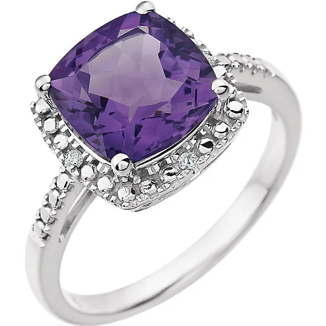 Ladies Rings Crafted Spark-14k White Gold 9mm Cushion Cut Amethyst & Diamond Halo-Style Ring