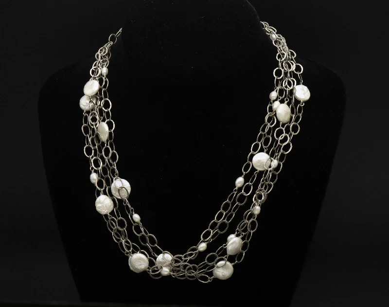 Ladies rose petal necklaces -Vintage Handmade Sterling Silver and Pearls Multi-Link Chain Necklace