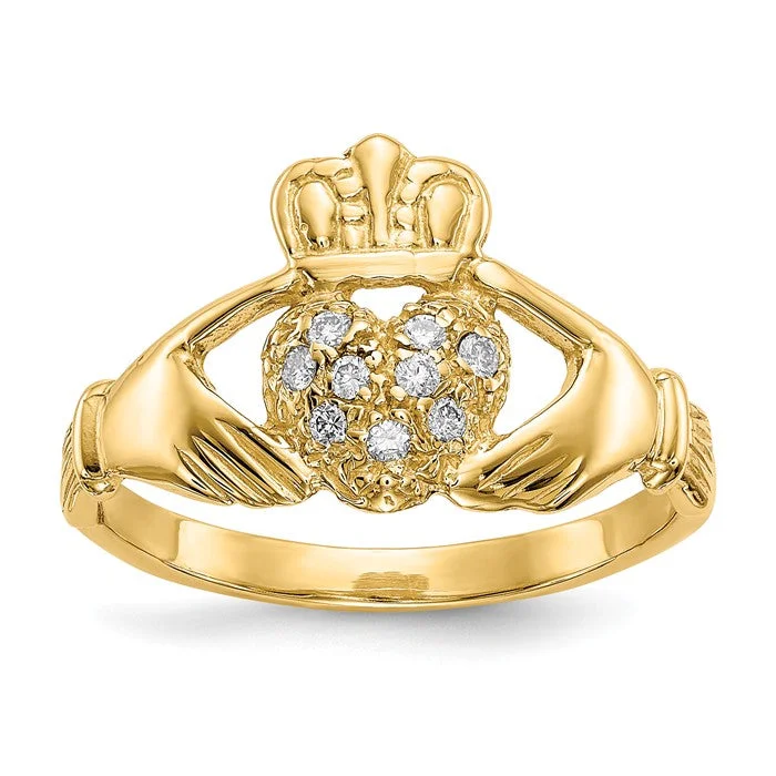 Ladies Rings for Travel Shine-14k Yellow Gold 1/10ct AA Diamond Claddagh Ring