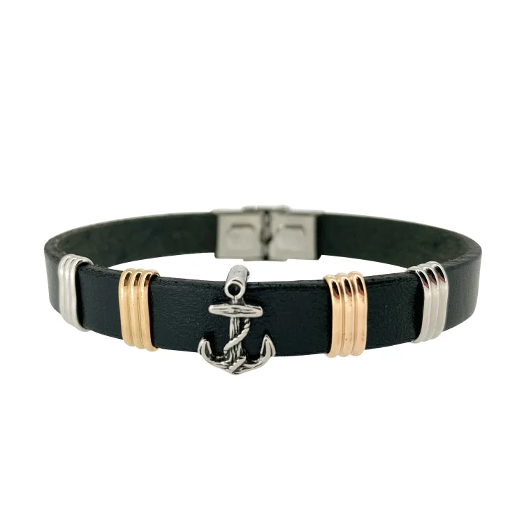 Monogrammed charm bracelets -Black Leather 1 Cord Bracelet with Rose Gold IP Finish and Center Stainless Steel Anchor