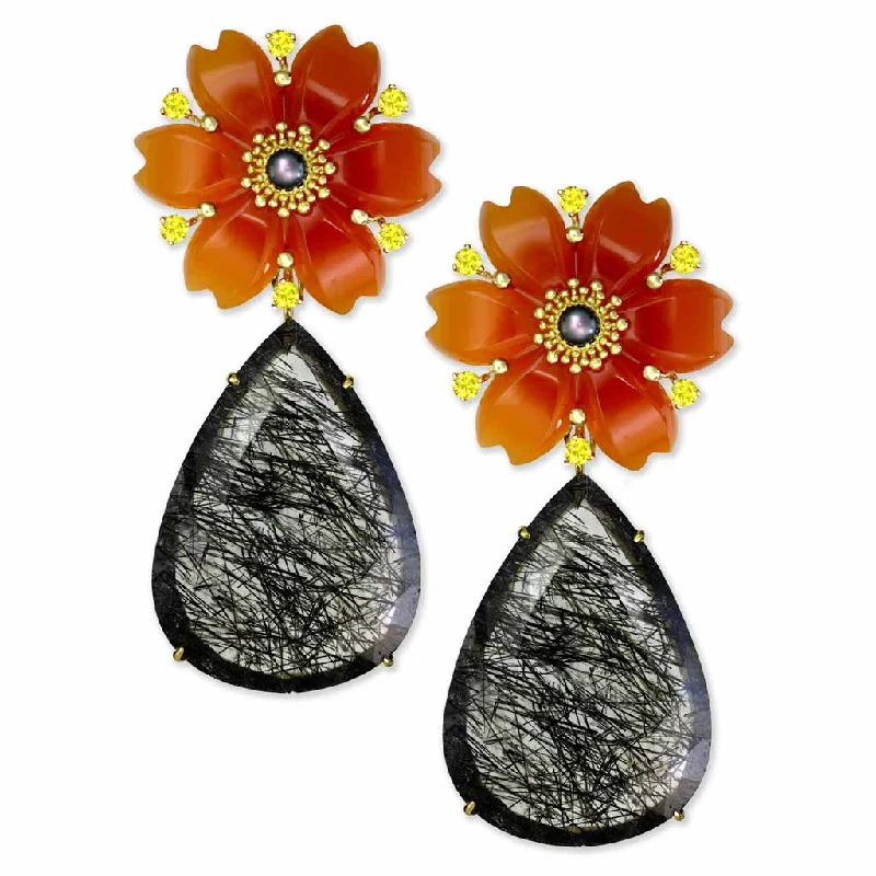 Ladies Earrings with Soft Morganite-Gold Blossom Convertible Pear Earrings with Carved Carnelian