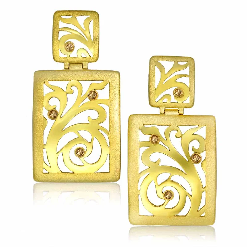 Ladies Earrings with Olive Idocrase-Gold Ornament Contrast Texture Drop Earrings & Diamonds