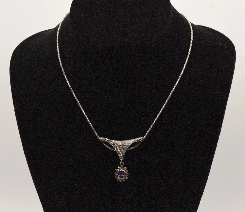 Ladies polished ceramic necklaces -Vintage Sterling Silver Marcasite Pendant on Italian Sterling Necklace - 16"