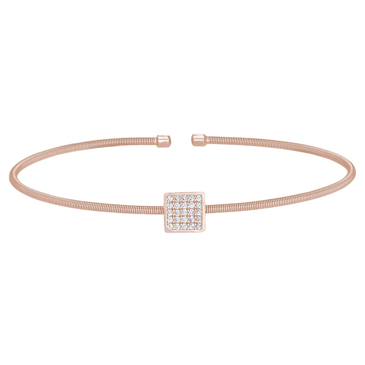 Parental love bracelets -Rose Gold Finish Sterling Silver Cable Cuff Square Bracelet with Simulated Diamonds