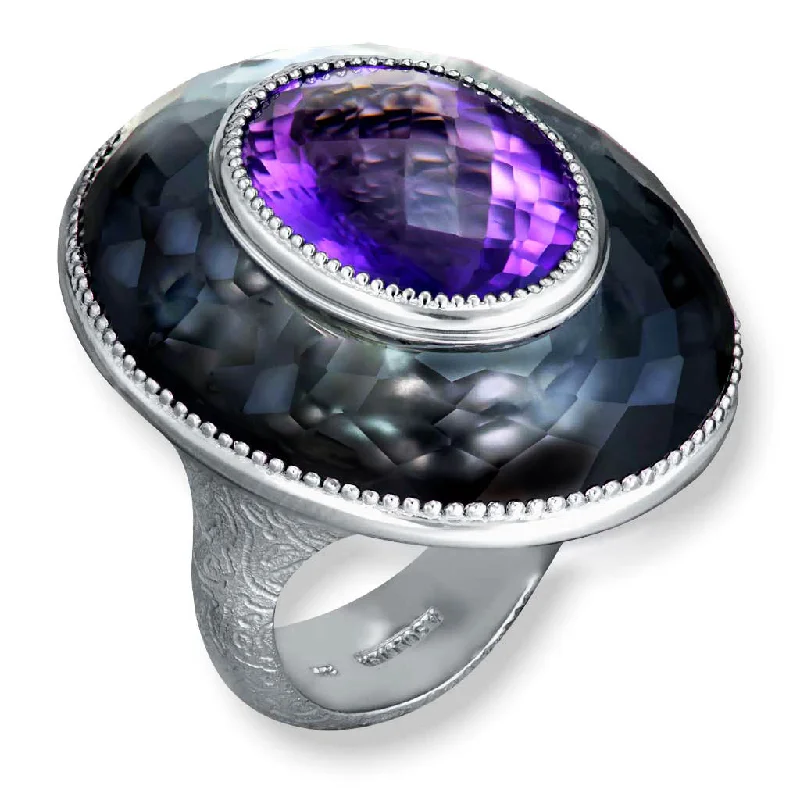 Ladies Rings with Brown Andalusite-Silver Galactica Ring with Amethyst, Hematite & Quartz