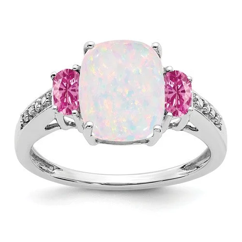 Ladies Rings with Wave Spark-14k White Gold Cushion Created Opal, Pink Sapphire And Diamond Ring