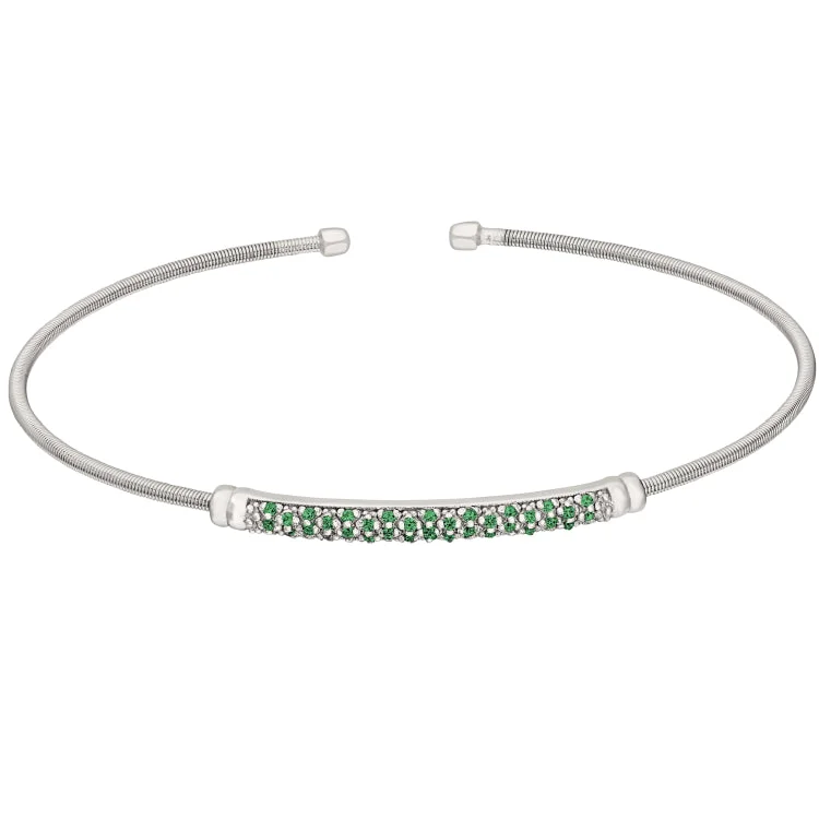 Rolling wave bracelets -Rhodium Finish Sterling Silver Cable Cuff Bracelet with Three Rows of Simulated Emerald Birth Gems - May