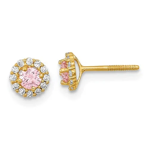 Ladies Earrings Timeless Shine-14k Yellow Gold Solid Pink & White CZ Halo Screwback Earrings