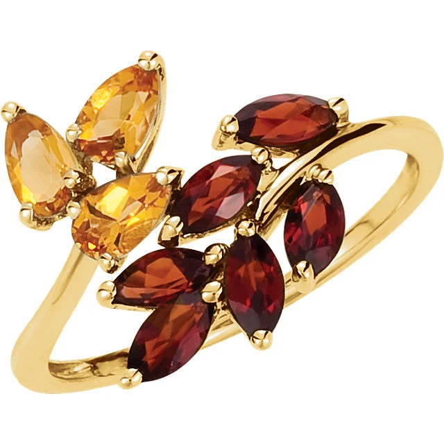 Ladies Rings with Sunny Citrine-14k Yellow Gold Citrine & Mozambique Garnet Leaf Bypass Ring