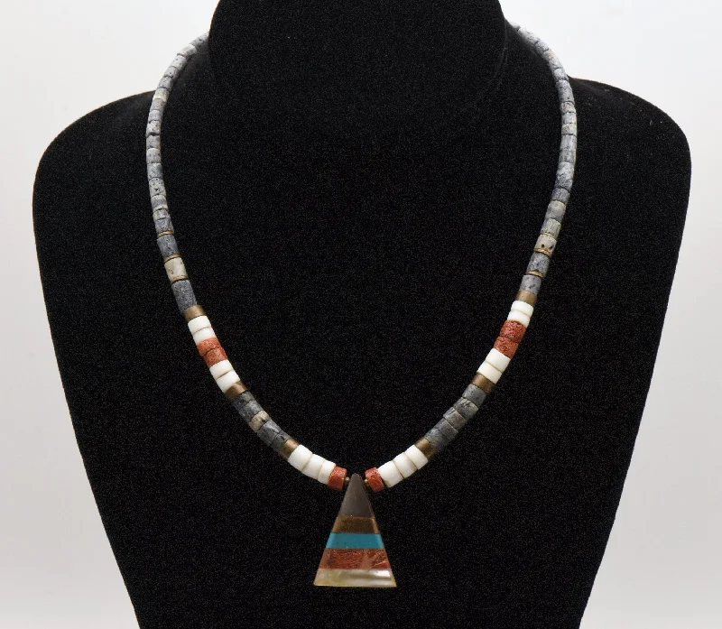 Ladies birthstone flash necklaces -Vintage Handmade Beaded Necklace with Triangle Multi-Stone Inlaid Pendant - 17.5"