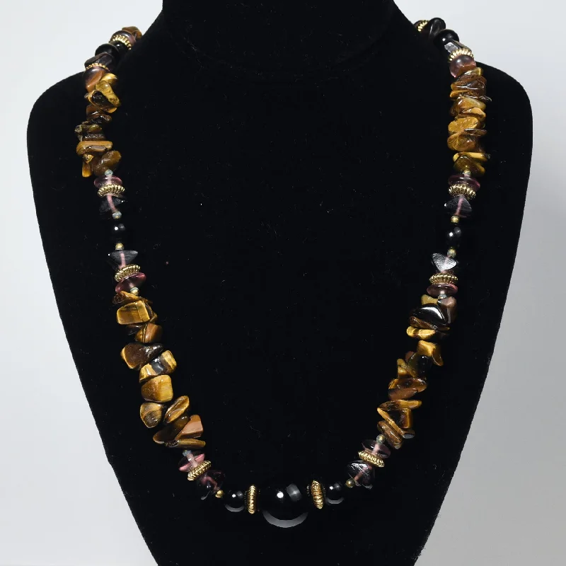 Ladies luxe platinum necklaces -HEAVY Tiger's Eye and Black Onyx Beaded Necklace