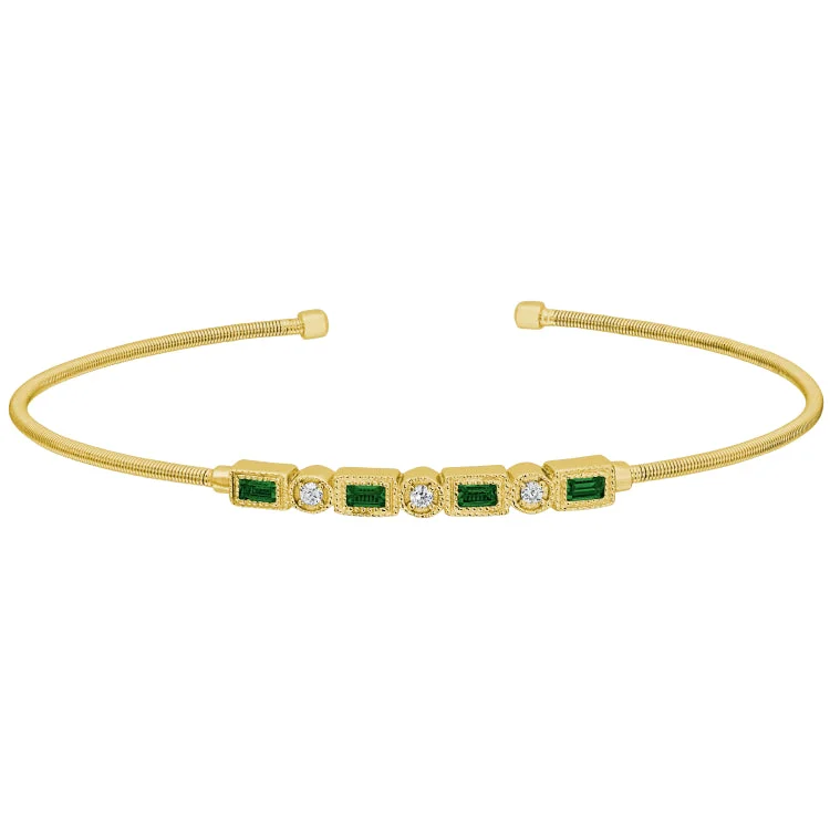 Understated minimal bracelets -Gold Finish Sterling Silver Cable Cuff Bracelet with Simulated Emeralds and Simulated Diamonds