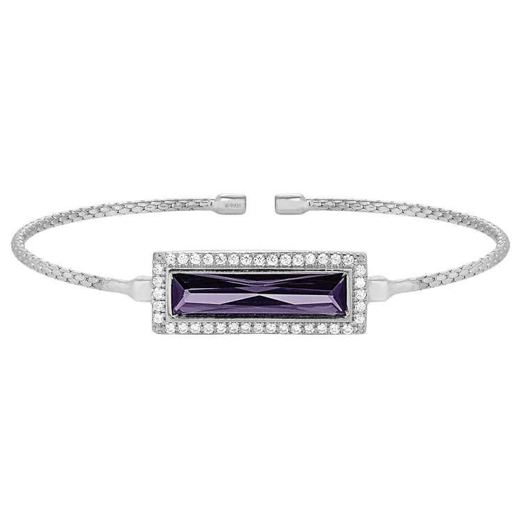 Family tie bracelets -Rhodium Finish Sterling Silver Cable Cuff Bracelet with Rectangular Simulated Amethyst Stone and Simulated Diamonds