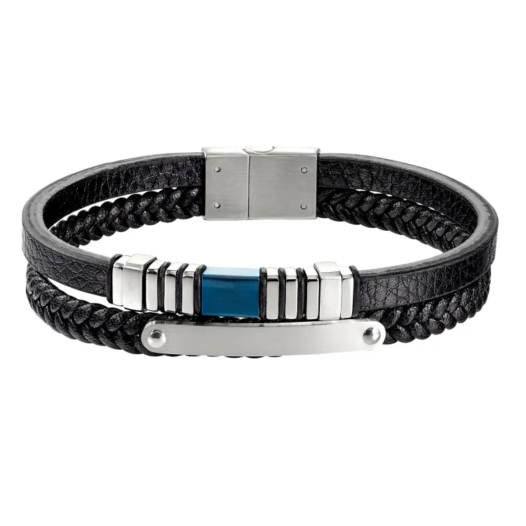 Frosted matte bracelets -Navy Blue Leather 2 Cord Bracelet With Blue Stainless Steel Bar