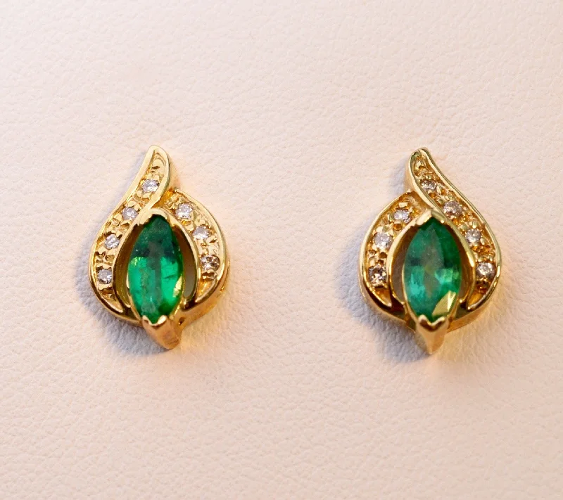 Ladies Earrings with Red Pyroxmangite-14K yellow gold post earrings with Emeralds